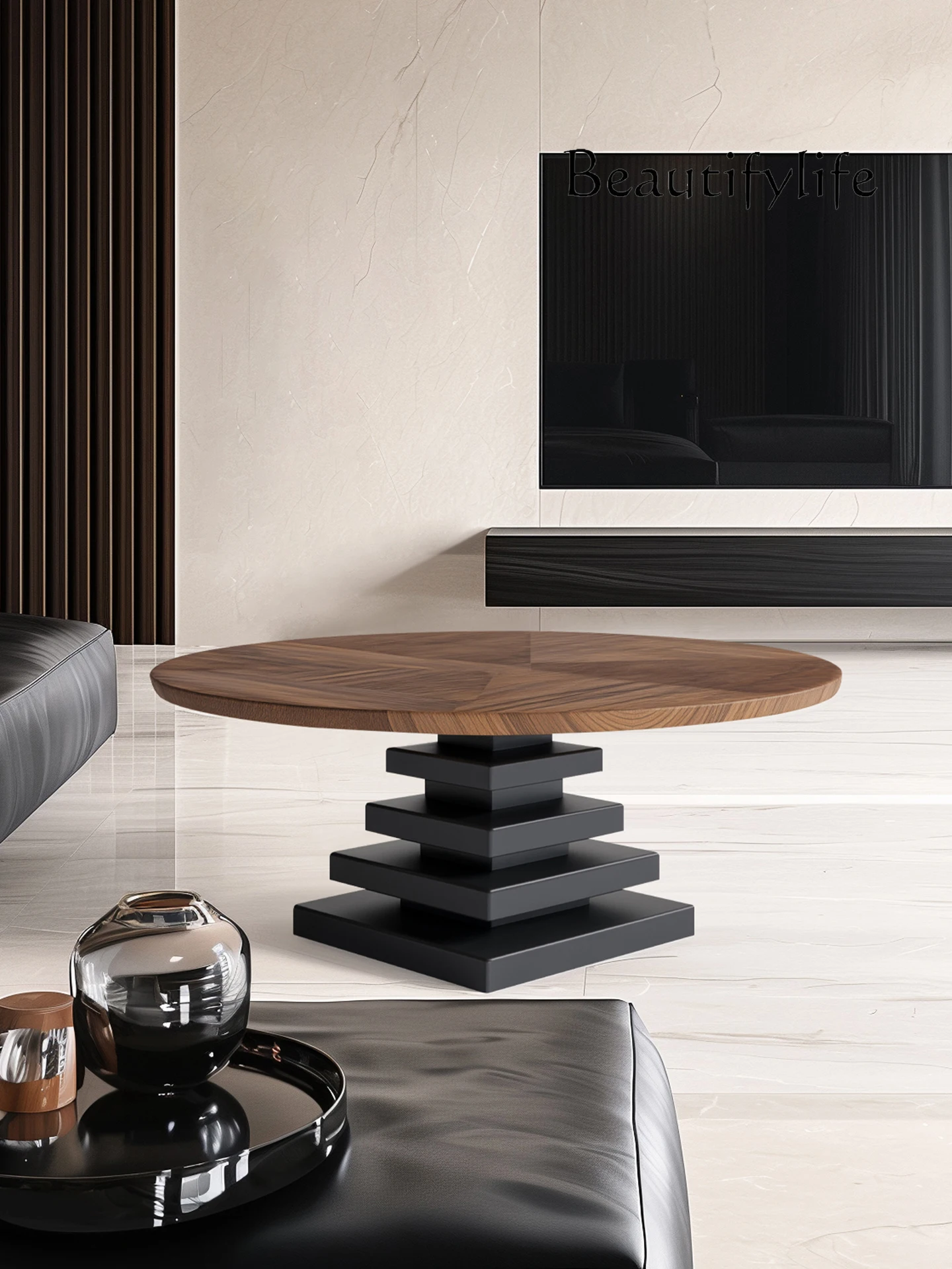 Designer artistic creative round solid wood coffee table Italian minimalist high-end living room home personalized tea table