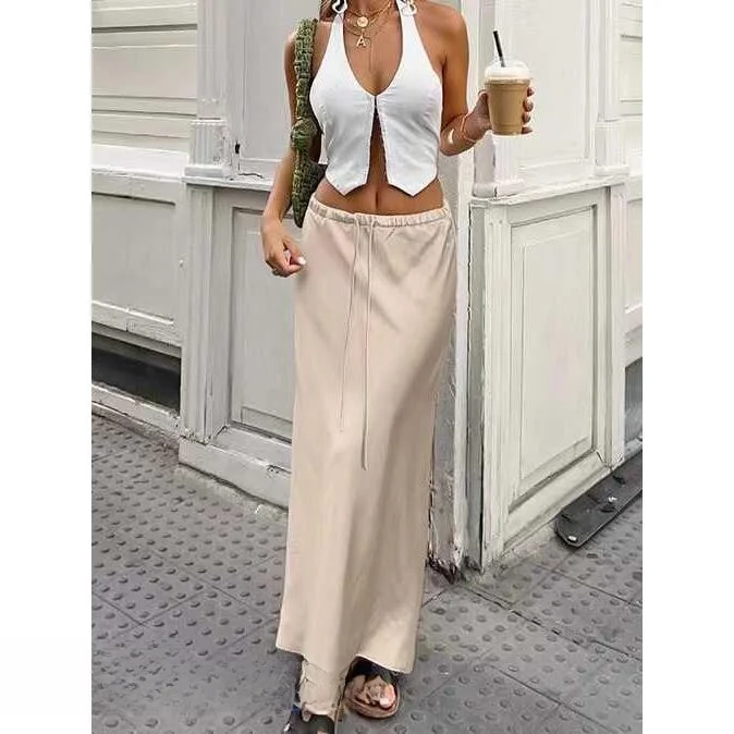 

Faionable Sexy Slim Fit Satin f Skirt Lace up a Line Long Skirt Pure Color Commute Sle mid Waist Design Other Material