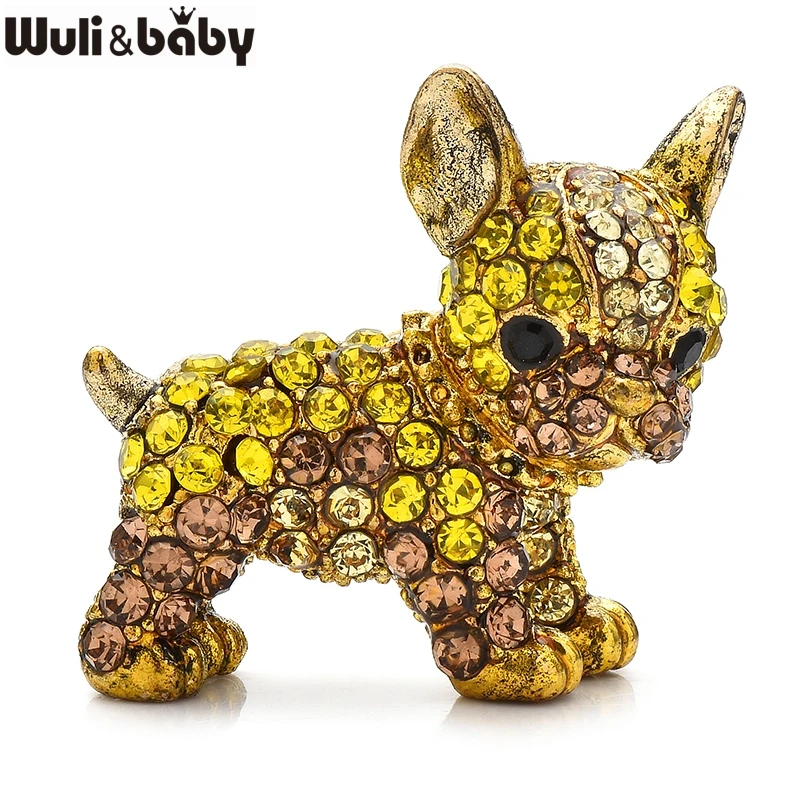 Wuli&baby Cute French Bulldog Brooches For Women Men Shining Rhinestone Dog Pet Animal Party Casual Brooch Pins Gifts