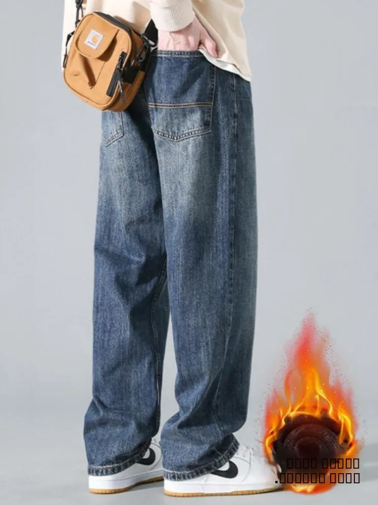 

Men's Fleece Lined Denim Jeans Winter Thick Warm Straight Leg Loose Wide Leg Pants Casual Vintage American Style Long Trousers
