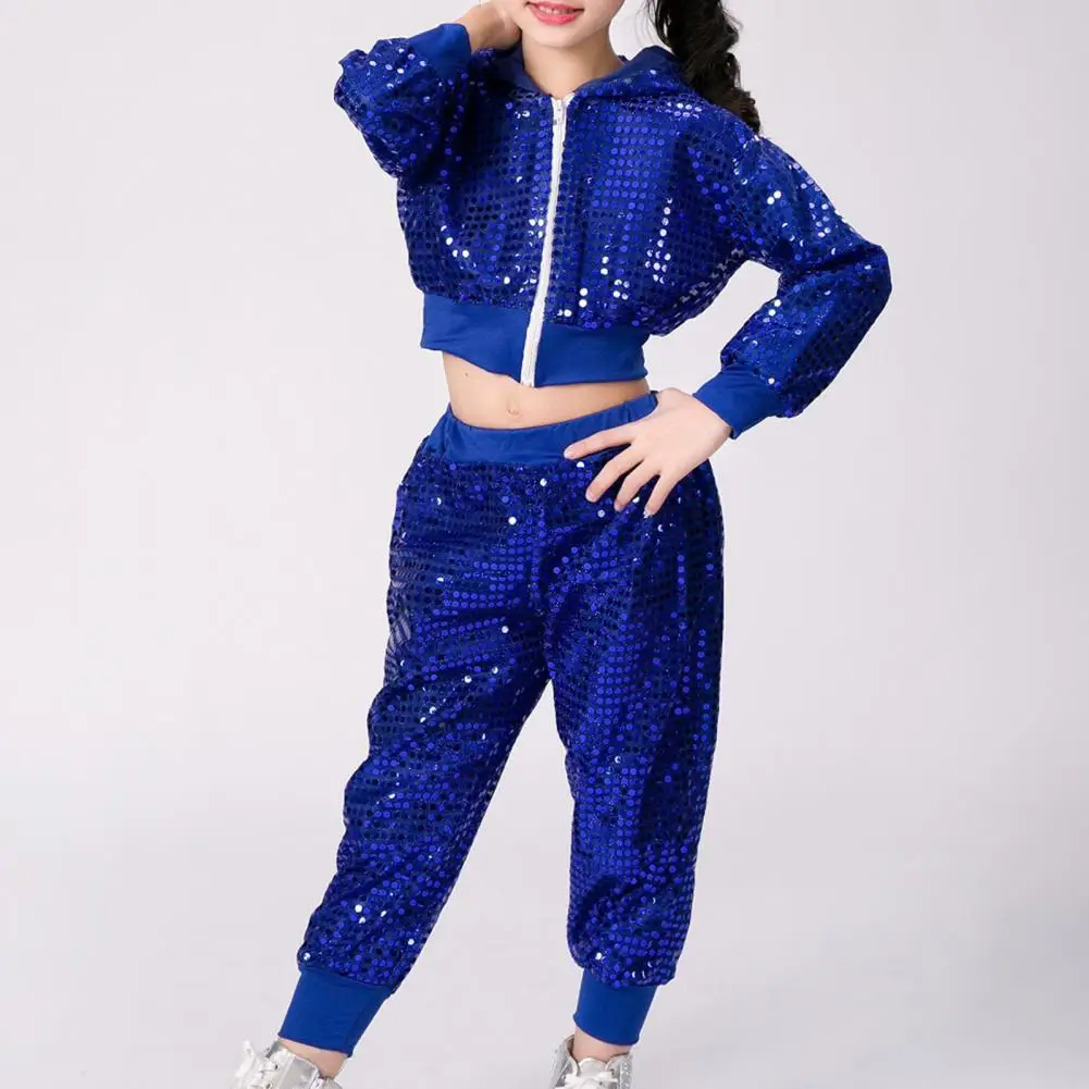 Children Shiny Sequin Hoodie Pants Set Hooded Sequins Coat Elastic Waist Pants Set Kids Disco Party Dance Stage Show Costume