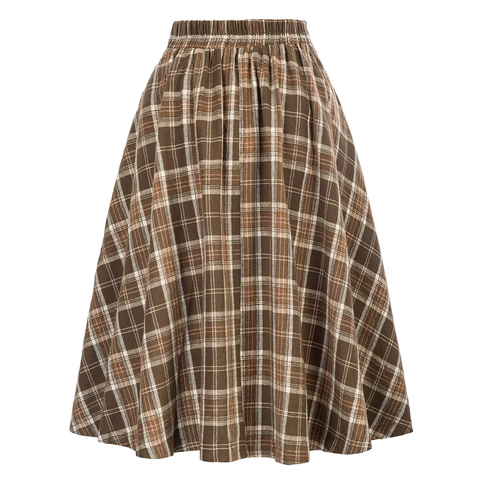Hochtaillierter karierter Midi-Rock mit weitem Bein für Herbst und Winter, modischer Damenrock in A-Linie mit lockerer Taille und Karomuster. – Detail 3