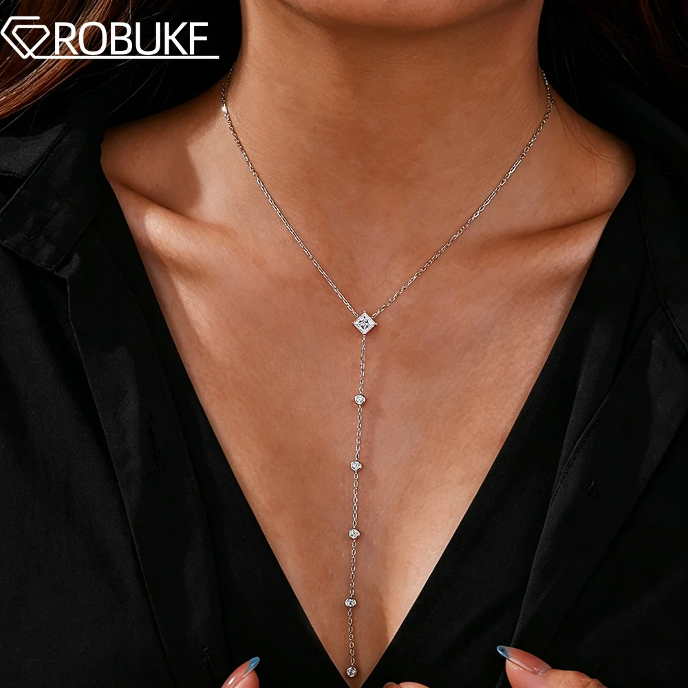 1CT Princess Cut Moissanite Pendant Necklace for Women Bezel Set Round Lab Diamond S925 Silver Y-Style Long Chain Jewelry Gifts