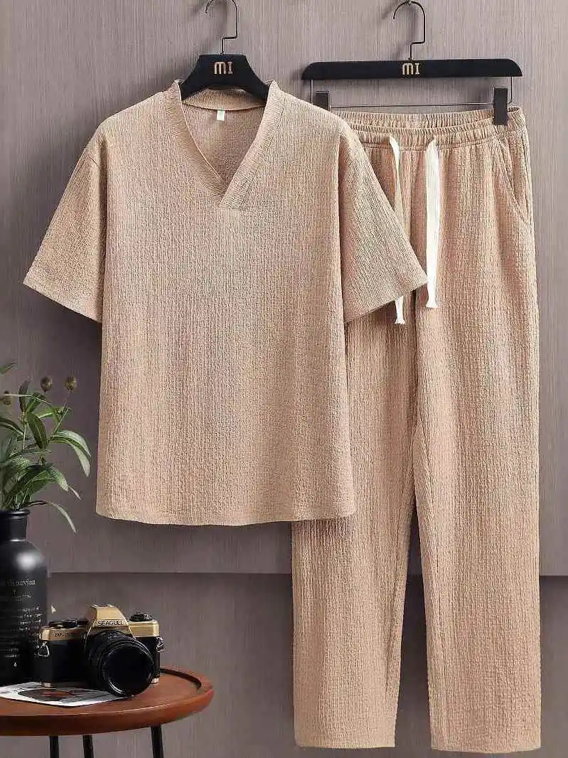 

Short Sleeve T-Shirt And Long Pants Set Casual Sportswear Youth Polyester Cotton Spring Summer Short Sleeve Long Pants Suit