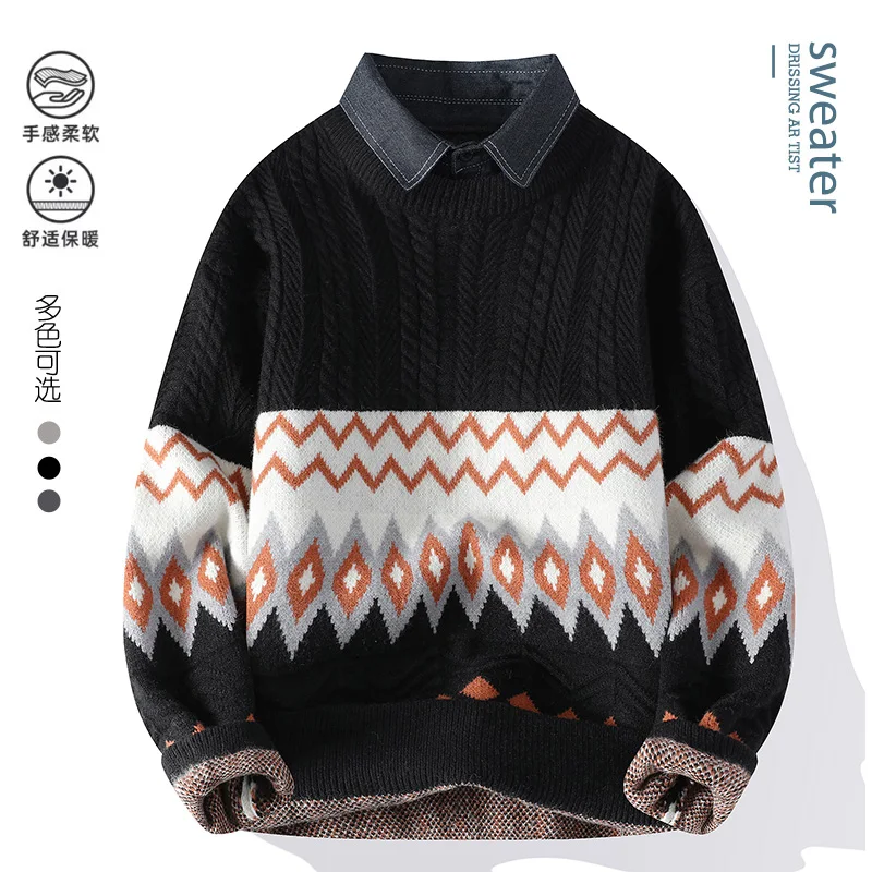 Sweaters men 2024 Winter fake two pieces thick sweater men Student youth sweaters autumn Men's wool Casual Knitwear Pullover