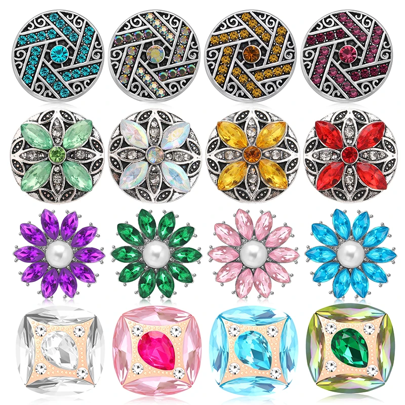 Colorful Rhinestone Beauty Flowers Sqaure Daisy Round Metal 18mm snap buttons for DIY 18mm snap jewelry Accessories Women Gift