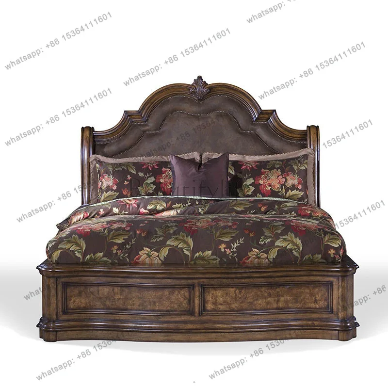 American European retro engraved 1.8 meters large bed birch neoclassical leather double bed
