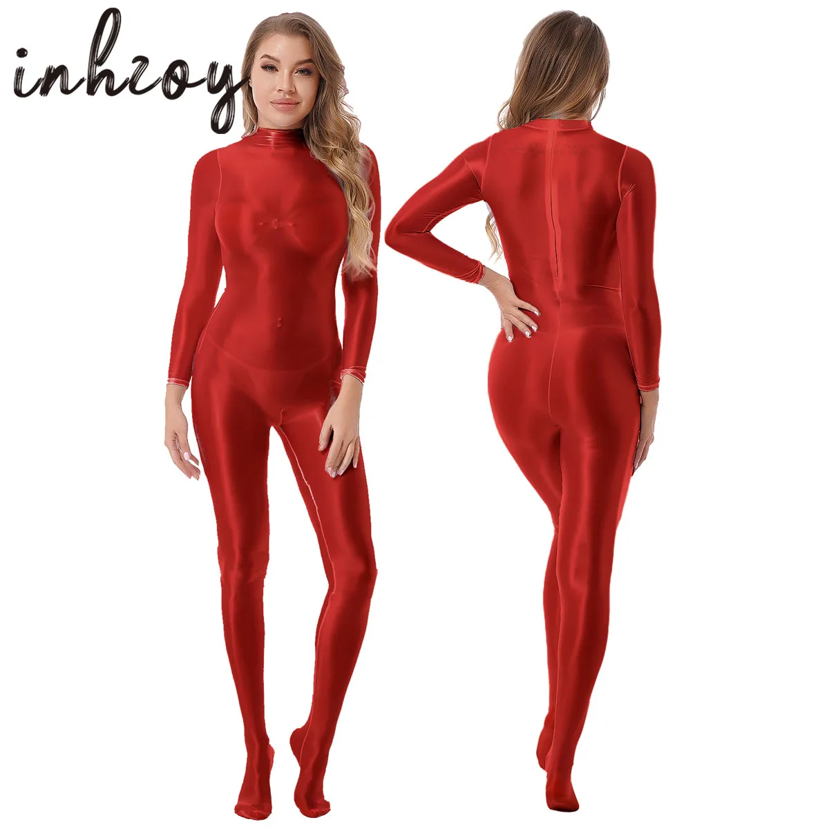 Womens Sexy Glossy Smooth Jumpsuit Long Sleeve Mock Neck Back Zipper Full Body Bodysuit Catsuit Pole Dancing Clubwear