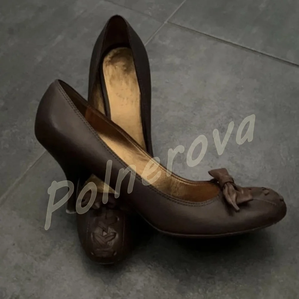 Vintage Brown Leather Kitten Heel Pumps Round Toe Bow Stitch Decor Round Toe Dress Shoes Retro Elegant Women Daily Dress Shoes