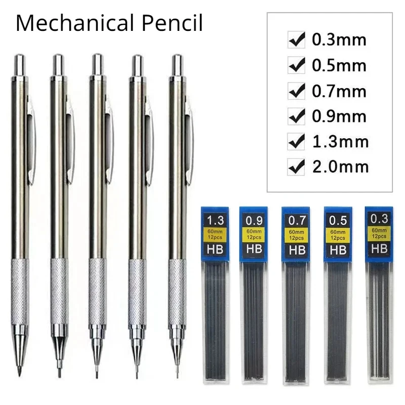 0.3 0.5 0.7 0.9 1.3 2.0mm Full Metal Mechanical Pencil Set School Art Sketch Writing Stainless Steel Automatic Pencil with Leads