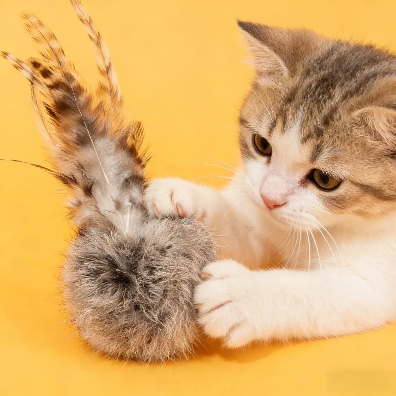 

2 pcs Plush Rabbit Fur Ball Toy | Interactive Feather Tail for Cats Self-Entertaining and Stress-Relieving Fun for Medium Breeds
