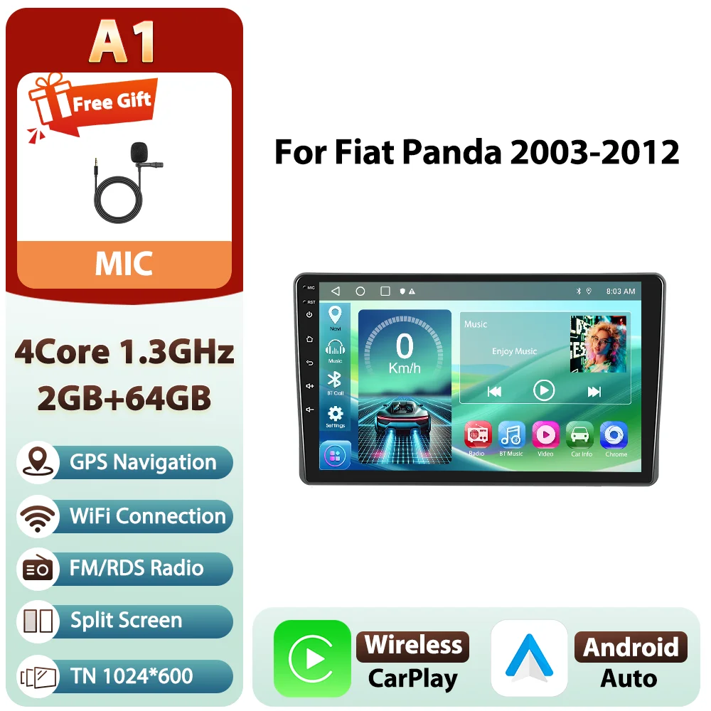 Podofo Android 9 inch 8-core 8+128GB autoradio voor Fiat Panda 2003-2012 met 4G WIFI, multimediaspeler, GPS, AM/FM/RDS