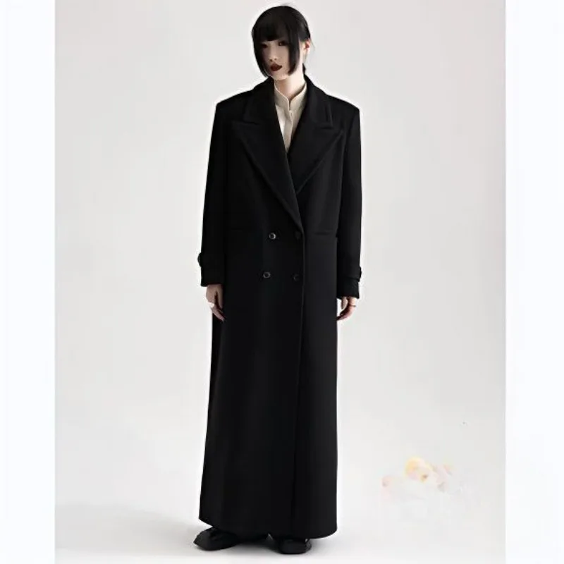 

Luxury Brand Designer Women Black Wool Coat Autumn Winter Trench Coat Long Windbreaker Over The Knee Outerwear Women's Clothing