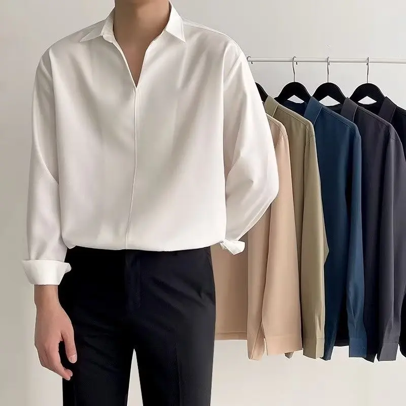 Korean New Lapel Small V Design Men Shirts Summer Long Sleeve Draped Casual Shirt Men Loose Solid Color White Shirts for Men