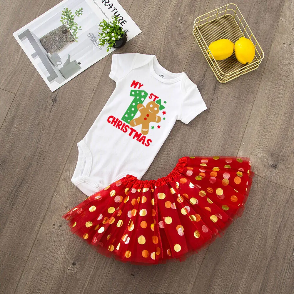 My 1st Christmas Baby Bodysuit Tutu Skirts Set Christmas Cake Dress Outfit Girl Short Sleeve Jumpsuit Toddler Xmas Party Clothes