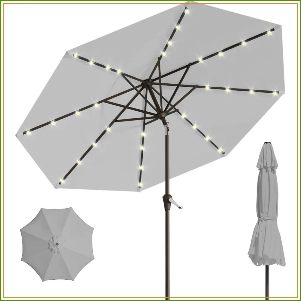 9FT Solar LED Patio Umbrella with Tilt & Crank, Light Gray, UV-Resistant, Waterproof, for Pool & Garden