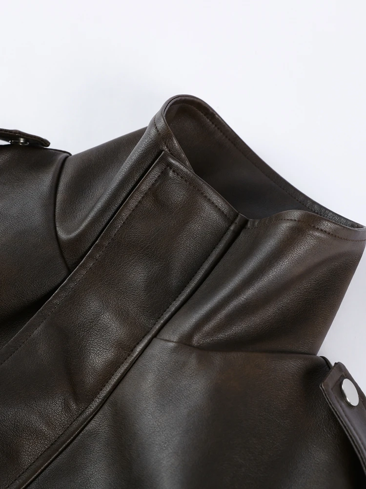 Veste en cuir pour femme, col montant, manches longues, tunique, simple boutonnage, manteau tendance pour femme, vêtement de moto et d'extérieur, printemps