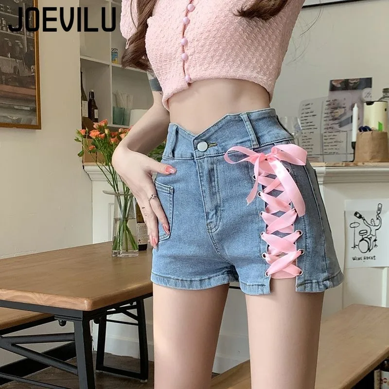 Pink Cross Denim Shorts  Tie Decorative Hot Trousers Shorts Female Summer New High Waist Thin A-line Shorts Womens Clothing