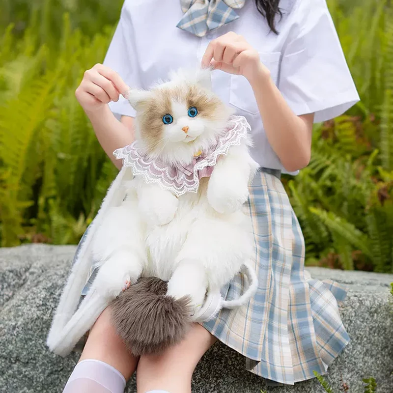 Pure handmade simulation plush cat backpack Trendy and fashionable doll cat bags Cat shopping bag suitable for birthday gifts
