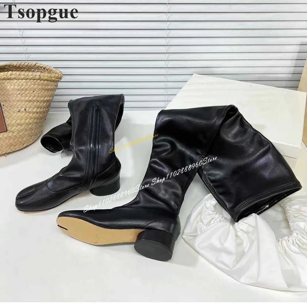 Stylish Knee High Black Soft Leather Tabi Boots Thick Heel Runway Shoes For Women Split Toe 2024 Fashionable Zapatos Para Mujere