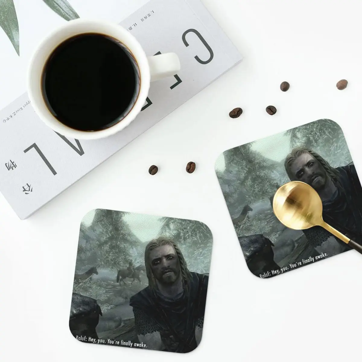 Hey You Youre Finally Awake Skyrim Meme Coasters Kitchen Placemats Insulation Cup Coffee Mats For Home Tableware Pads Set of 4