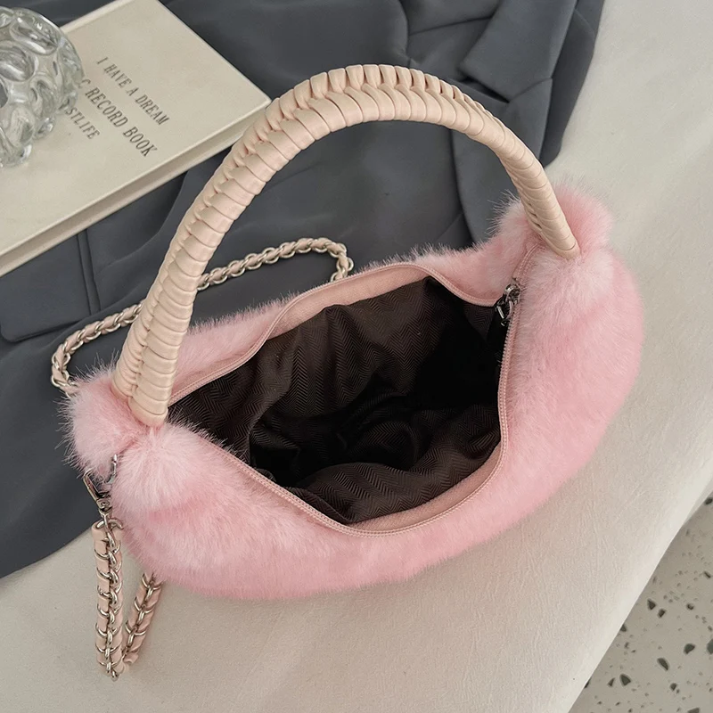 Halbmond-Design Lammwoll-Handtasche Clutch für Damen 2026 Winter Weiche Flauschige Handtasche Halbkreis-Plüsch-Umhängetasche Bolsa – Detail 17