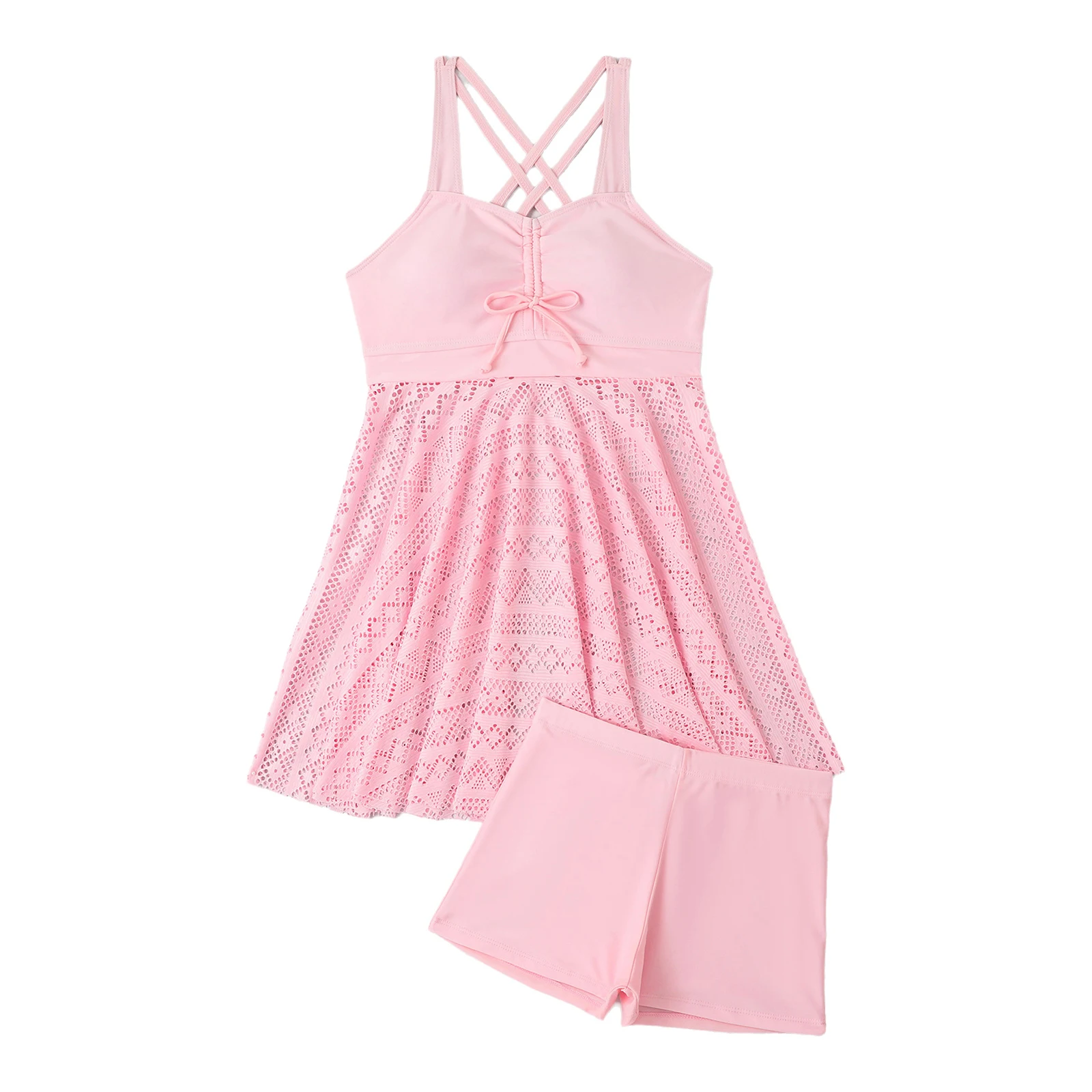 

Women Tummy Control 2 Pcs Swimsuits Double Straps Hollow Out Hem Mini Dress Top with Swim Bottoms Tankini Bathing Suit Beachwear