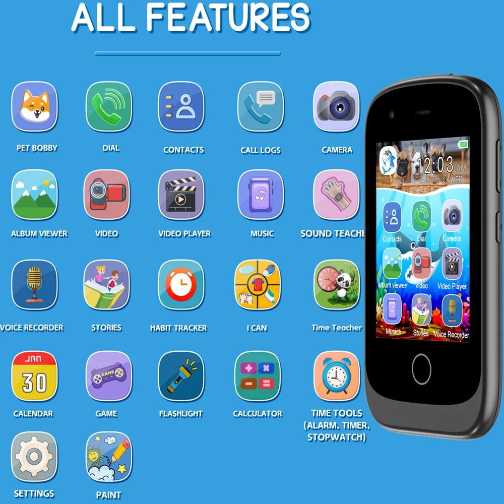 8GB Kids Mini Phone 17 Games SOS 2G Call Dual Watch Cameras 2.8' Taking Photo Video Music Play Calculator Audio Book Learn Tools