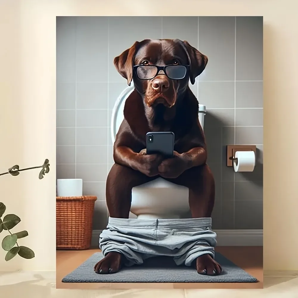Multiple sizes 1pc frameless Canvas Painting,Lab with Cell Phone on Toilet Bathroom Funny Dog Poster and Prints Canvas Painting