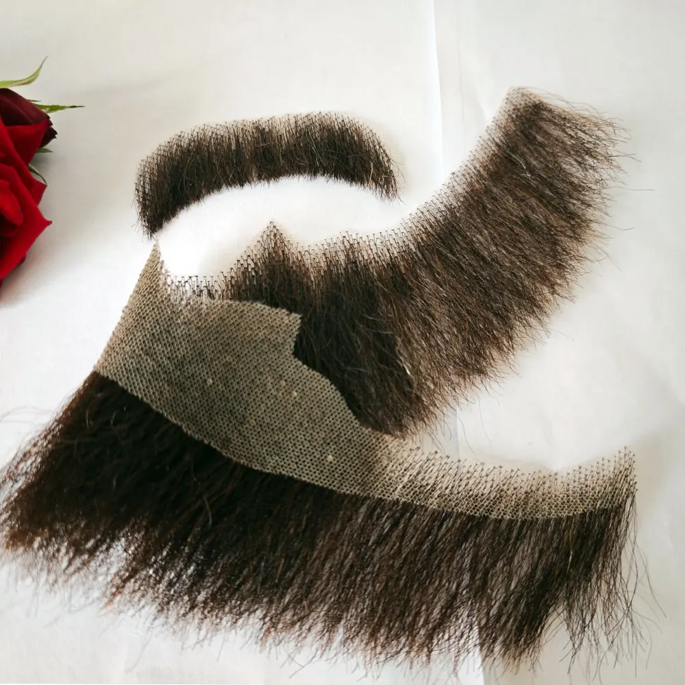 Brown Human Hair Fake Beard Mustache Invisible Swiss Lace Grey Straight Thick Men's Facial Makeup Accessory