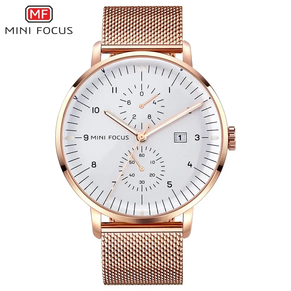 MINI FOCUS 0052G Fashion Casual Quartz Watches Stainless Steel Mesh Belt Wristwatches Waterproof Clock Man Luxury Men's Watch