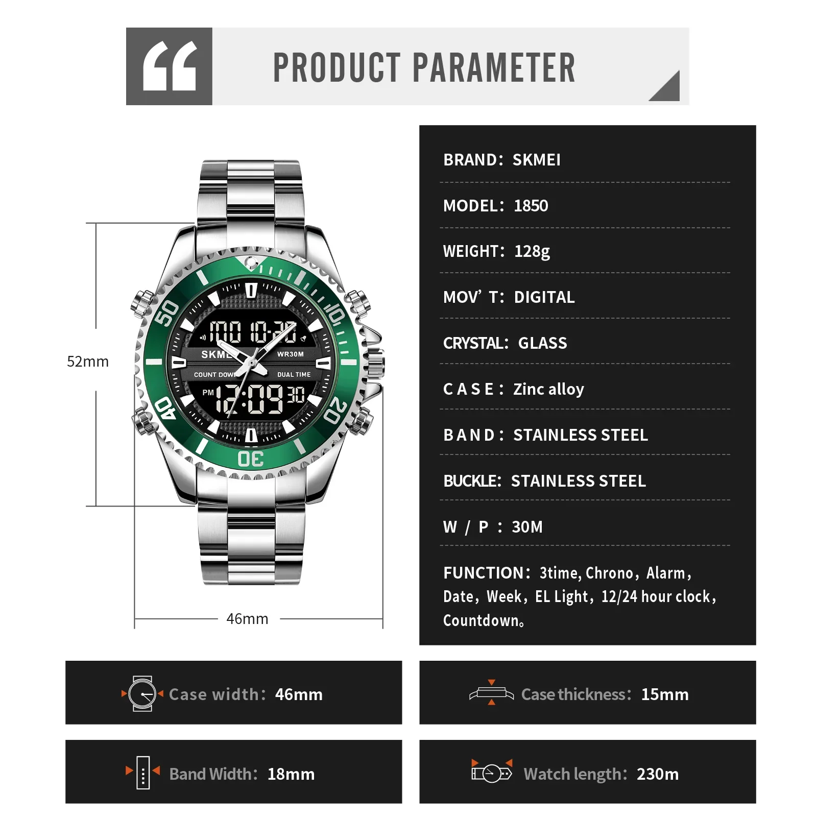 SKMEI 1850 Alarm Men Clock Waterproof Stainless Steel Relogio Masculino Dual Display Watches Mens Fashion Digital Wristwatches