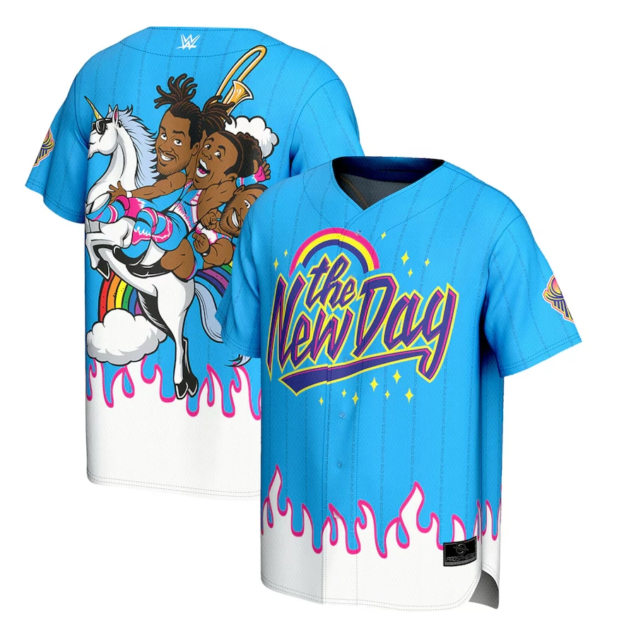 قميص بيسبول رجالي أزرق The New Day Rainbow Unicorn Baseball عصري فتل العرق وجيد التهوية مناسب للأنشطة الخارجية