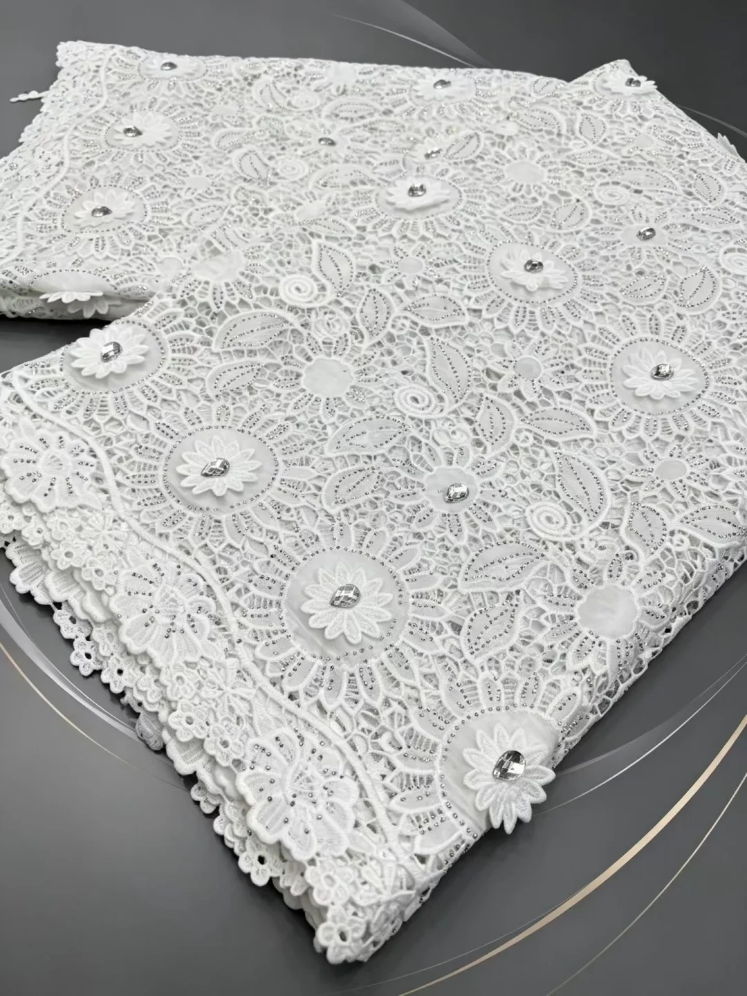 5Y White Water Soluble Rhinestone Lace Fabric, Luxury 3D Circular Floral Embroidery Lace with Crystal Stones for Wedding Dress