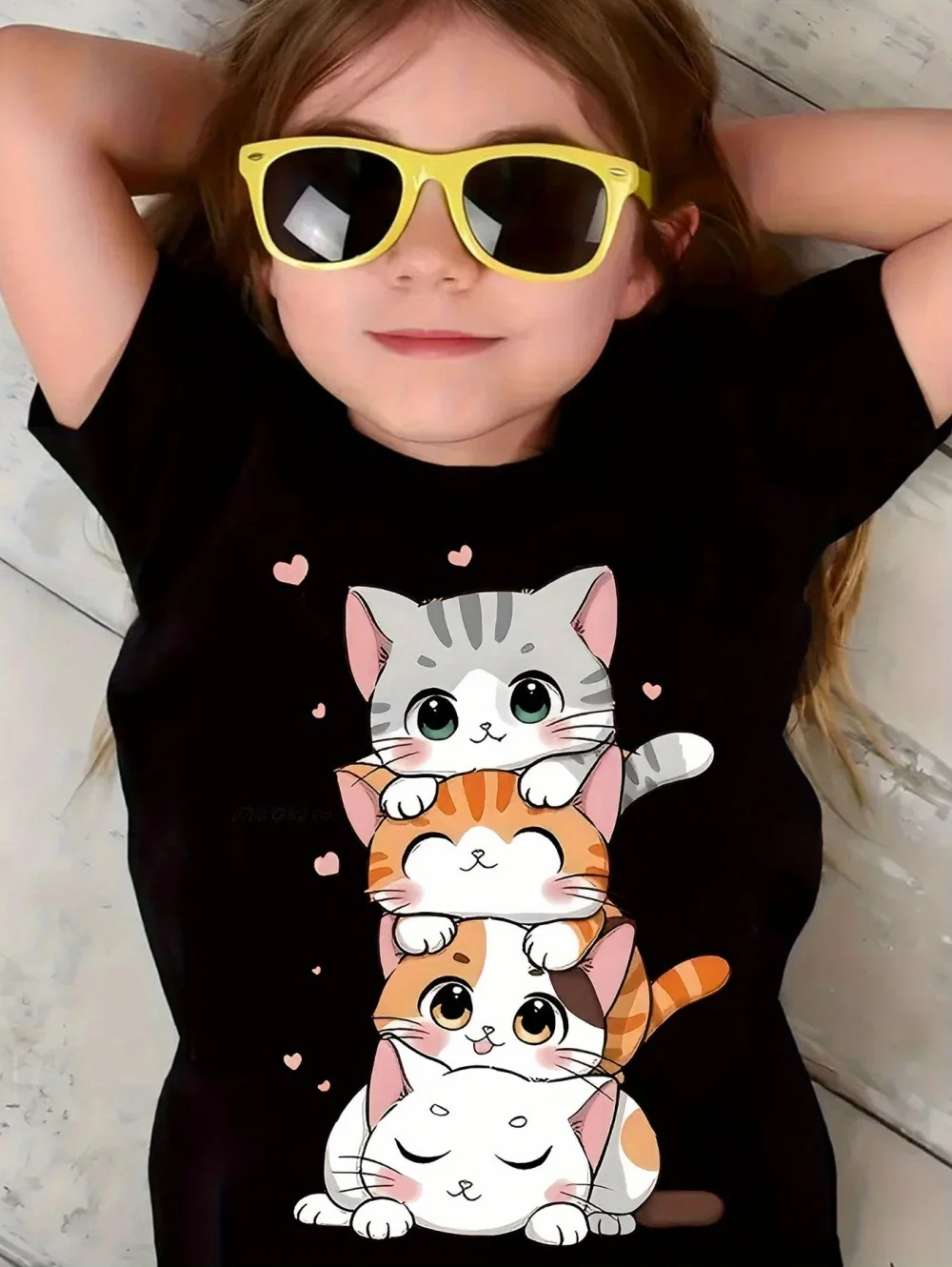 تي شيرت Kawaii Cat للفتيات، ملابس أطفال، طباعة ثلاثية الأبعاد، بلوفر برقبة دائرية، كم قصير، ملابس مريحة #3