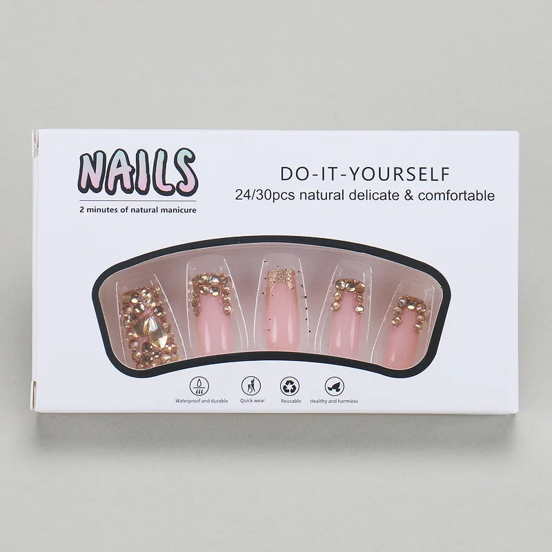 24PCS Druk op nagels Franse stapelboor Nagelpiercing Roze Zoet Koel Medium Lang Vierkant Nagelpatch Afneembare nepnagels
