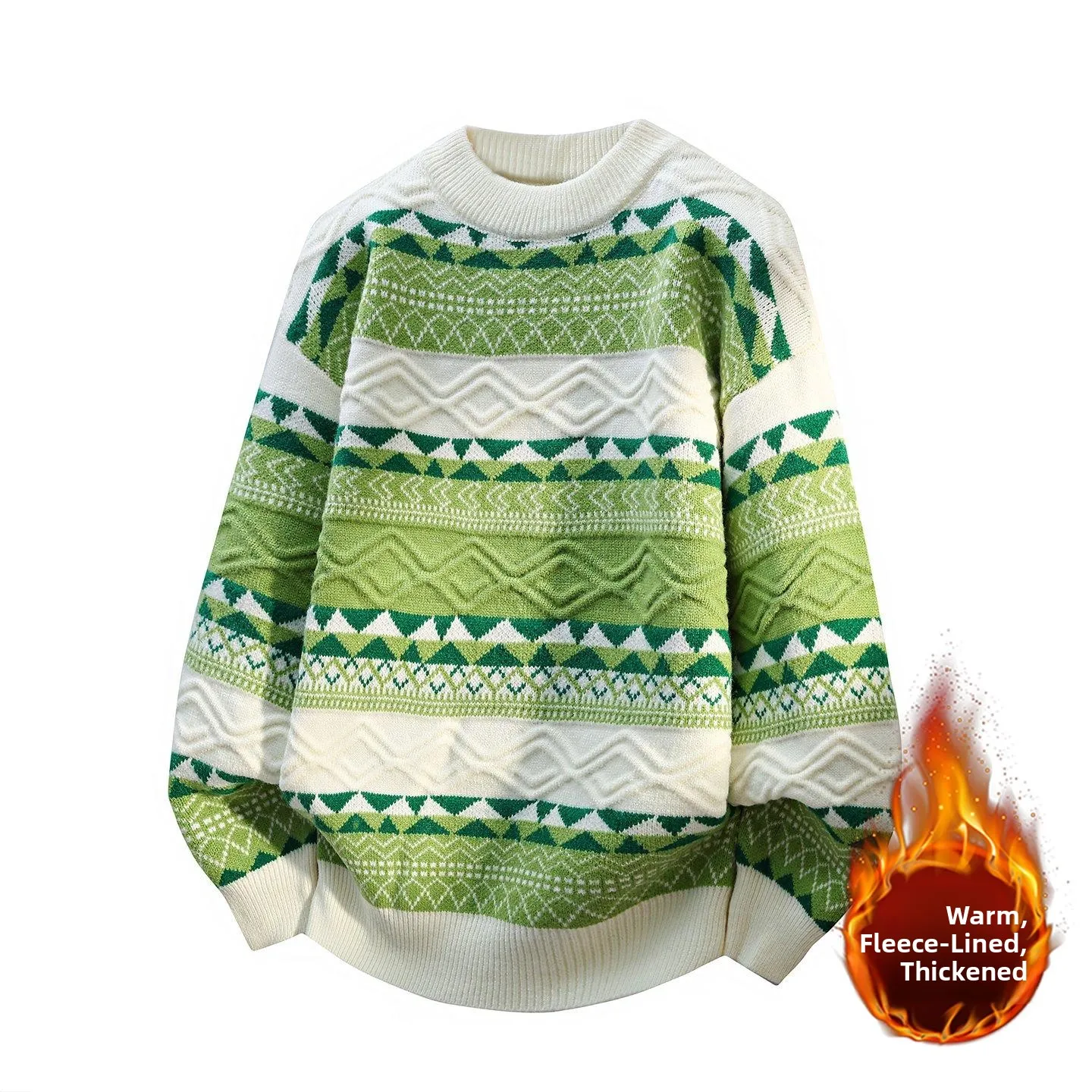 

Мужской вязаный свитер с флисовой подкладкой, утепленный, в стиле ретро, с этническими бахромами, зимний, с длинными рукавами, круглым вырезом, с геометрическим узором