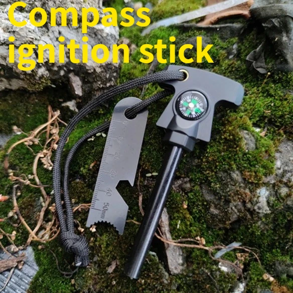 

Camping Equipment Mountain Hiking Flint Compass Plastic Handle Flint Stick Magnesium Stick Set Outdoor Survival EDC Tool