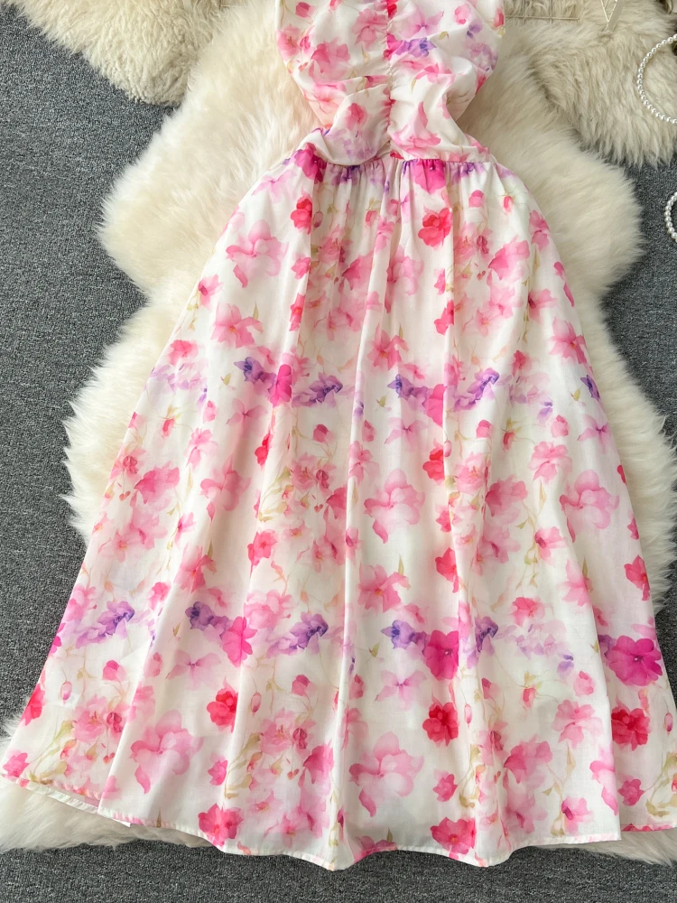 Lente/Zomer Strand Bloemen Jurk Voor Vrouwen Zoete Bloemen Wikkelen Rond Slanke Halflange Sexy Kant Up Hangende Hals Jurk