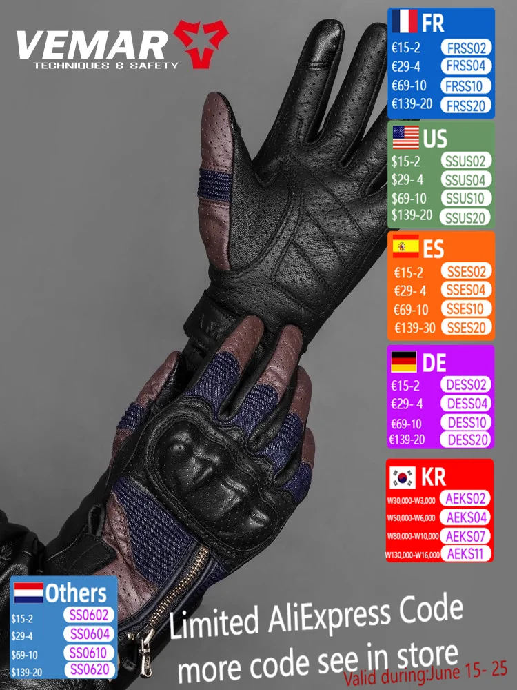 

Vemar 2023 New Goatskin Motorcycle Full Finger Gloves Retro Zipper Motocross Gloves Leather Denim Motobiker Gloves