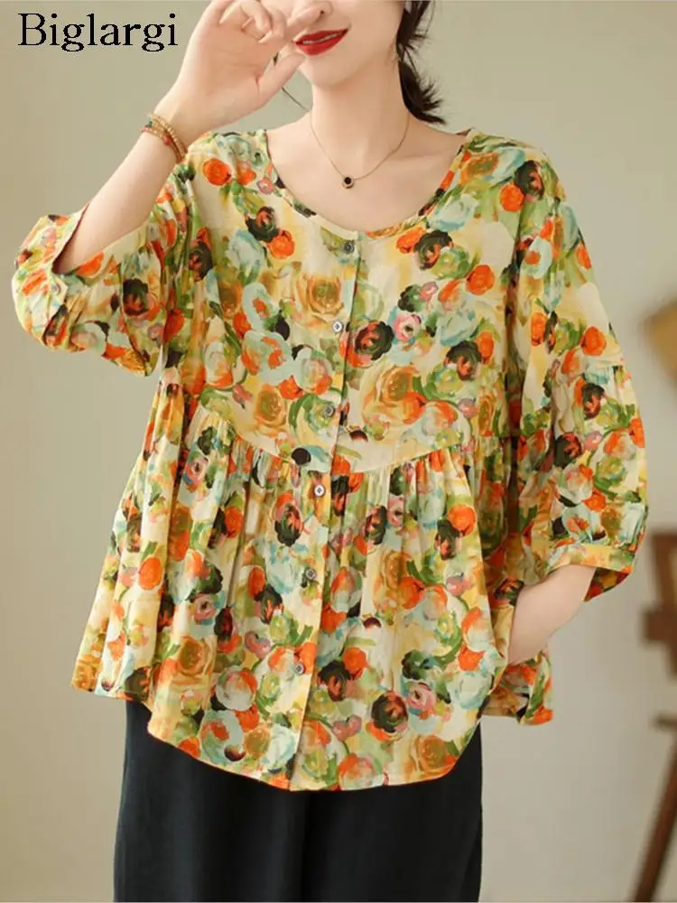 

Женская летняя свободная блузка оверсайз с цветочным принтом из хлопка, повседневная модная рубашка
