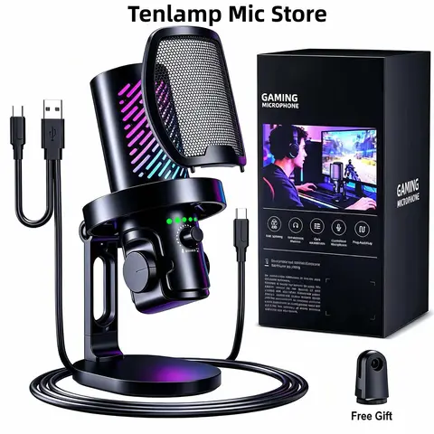 Tenlamp RGB USB Streaming Microphone ,Professionl Computer Condenser Mic For PC Mac Recording YouTube Podcasting Gaming Laptop Desktop