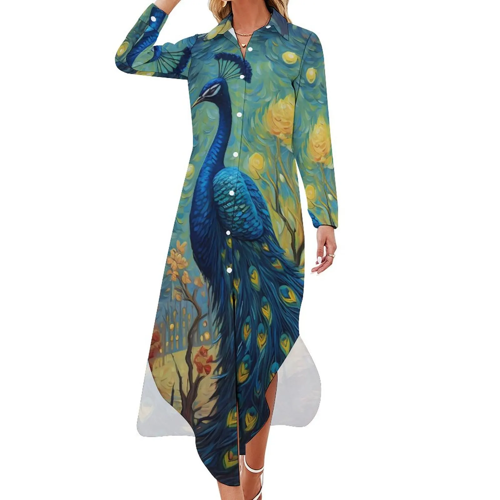 Fantasy Painting About Peacock Casual Dress  Street Fashion Dresses Sexy V Neck Chiffon Dress Long Sleeve Vestidos 4XL 5XL 6XL