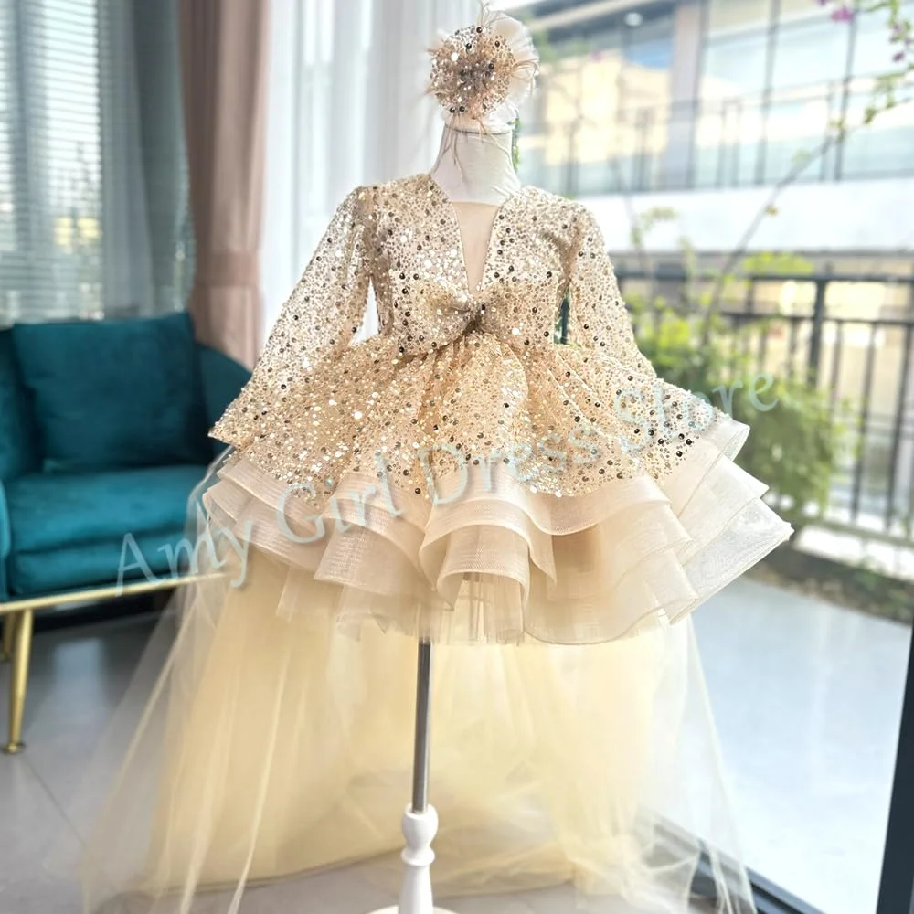 

Customized Champagne Flower Girl Dress For Wedding Shiny Sequins Full Sleeves With Bow Toddler Birthday Party Pageant Ball Gown