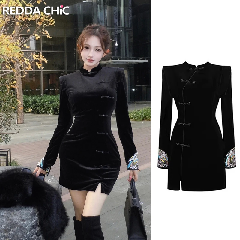 

Вельветовое черное китайское платье-ципао ReddaChic в стиле ретро с воротником-стойкой, пуговицами и разрезом, облегающее мини-платье, модная женская одежда