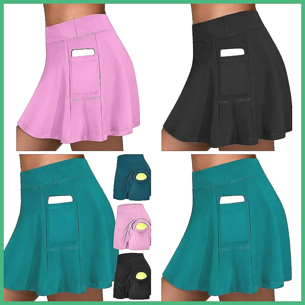 Women's Yoga Skirt with Shorts - Elastic Waist Tennis Skirt, Korean Style Running Hakama Midi Skirt