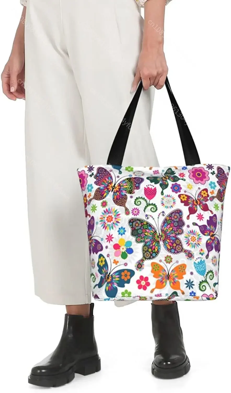 Butterfly Pattern Tote Bag Large Shoulder Bag Casual Reusable Handbag for Women Shopping Grocery Work