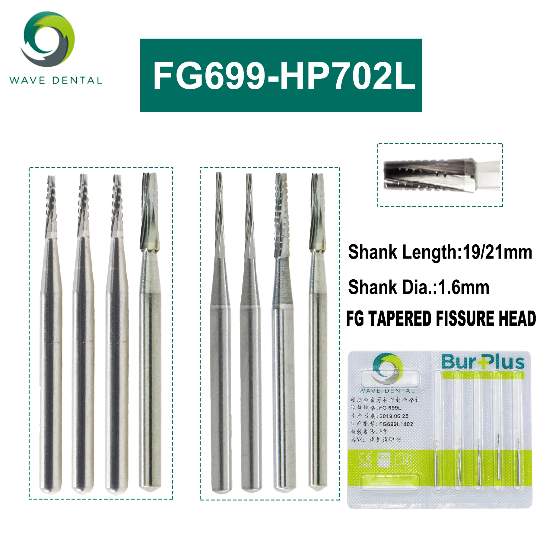 WAVE Dental Burs FG Dental Strawberries Tapered Fissure Cross Cut Head  For High Speed Turbine Handpiece 5pcs/Pack