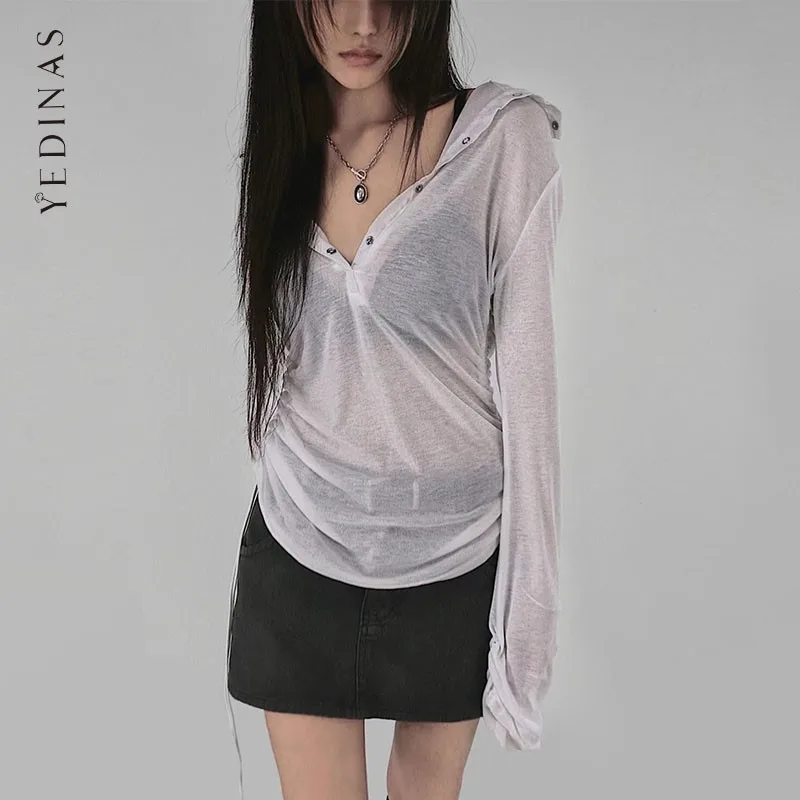 Yedinas Hooded Sheer T Shirt Woman Clothes Long Sleeve Korean Fashion 2000s Clothes Y2k See Through Autumn Tops Tees Female