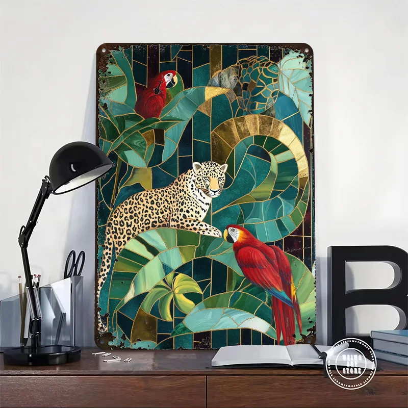 Jaguar and Macaws in Jungle 3D Printed Texture Poster Personalized Wall Art Retro Metal Tin Signs for Room Decoration Items Home